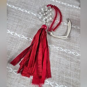 Red Sari Silk Clear Glass Beaded Tassel Necklace